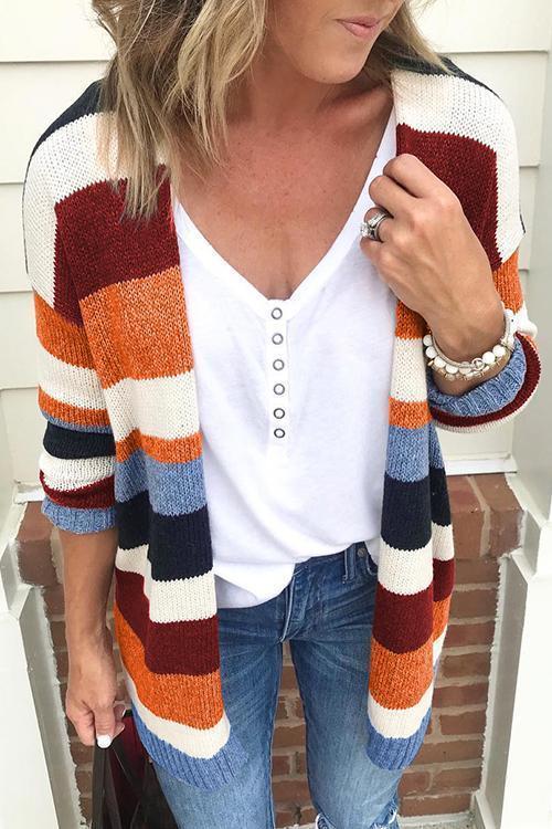 Rainbow Stripes Open Front Cozy Sweater Cardigan Multicolor Stripe