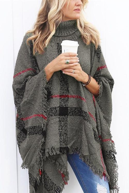Tassel Color Block Classic Cloak Poncho Sweater Grey OneSize