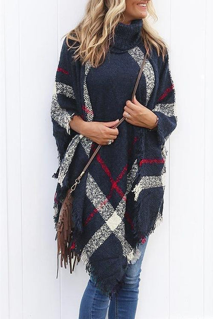 Tassel Color Block Classic Cloak Poncho Sweater Navy blue OneSize