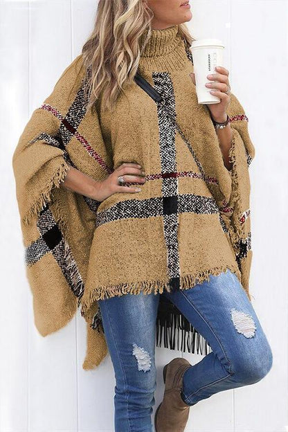 Tassel Color Block Classic Cloak Poncho Sweater Khaki OneSize