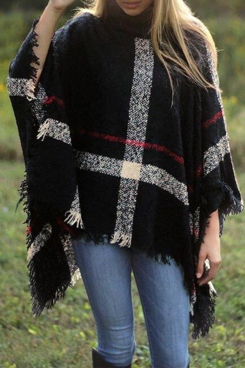 Tassel Color Block Classic Cloak Poncho Sweater Black OneSize