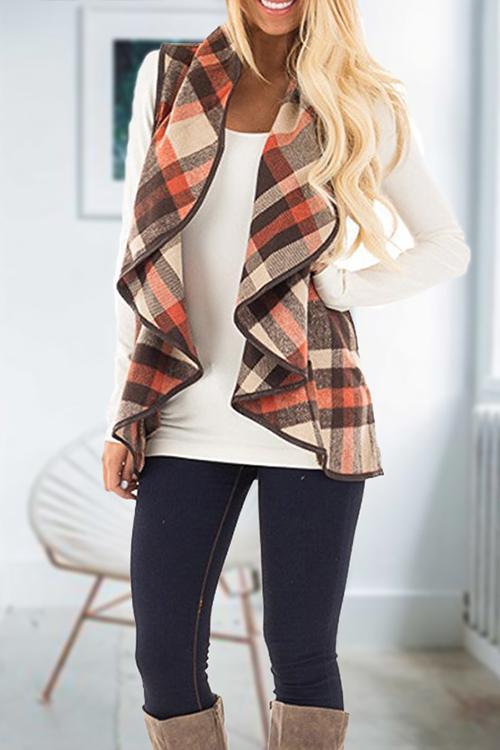 Lush Sleeveless Plaid Jacket Vest with Pockets
