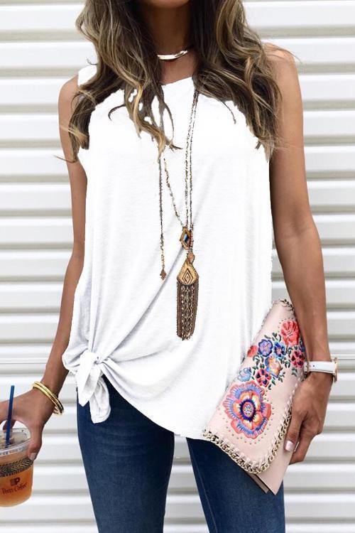Casual Side Tie Knot Front Tank Top White