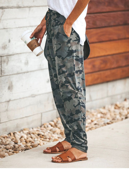 High Waist Drawstring Camo Casual Pants