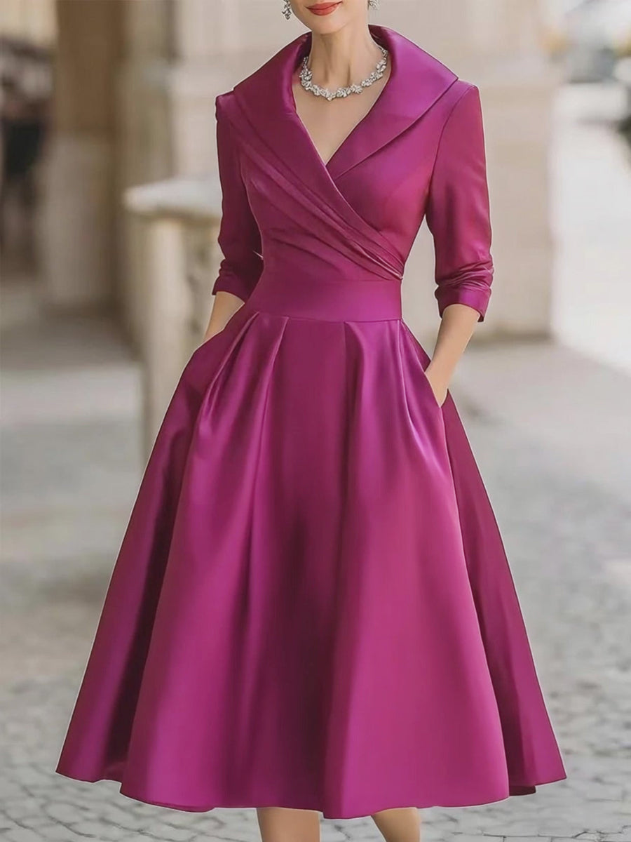 Vintage-Inspired Satin Midi Dress With Draped Collar Fuchsia