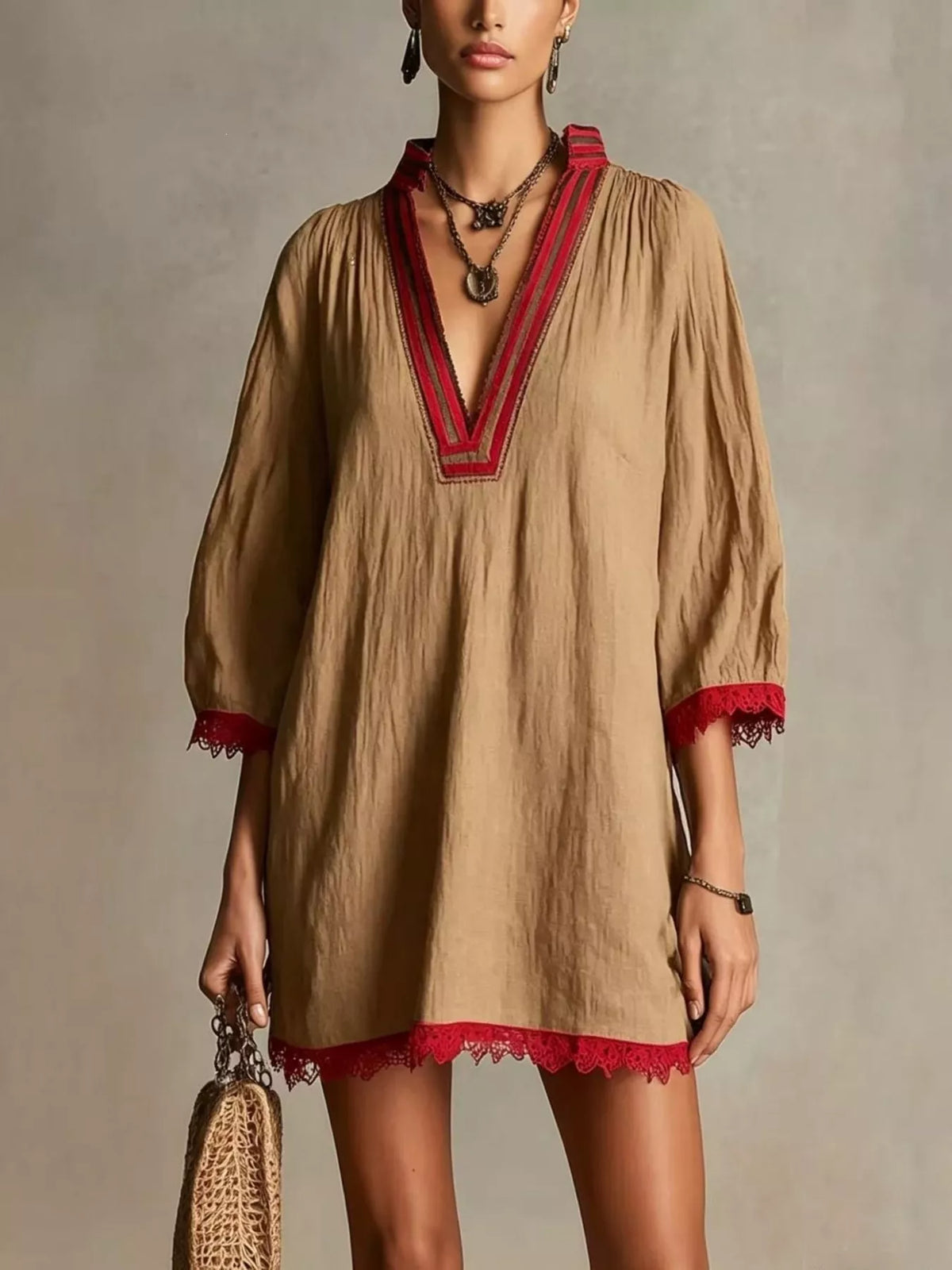 Lace Trim Notched Mini Dress