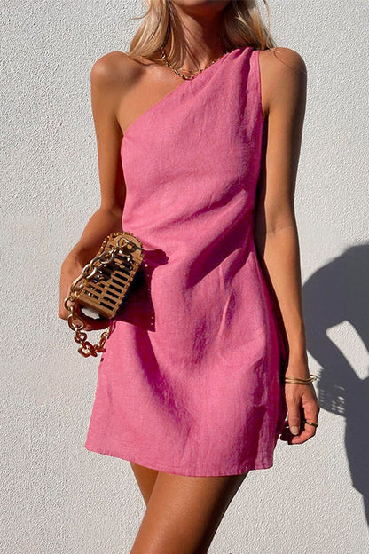 One Shoulder Solid Cotton Linen Mini Dress Pink