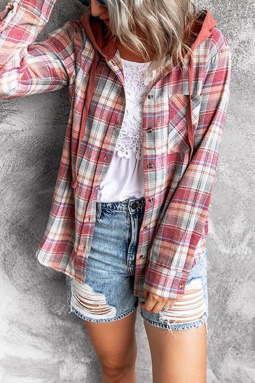 Long Sleeve Drawstring Hoodied Plaid Shirt