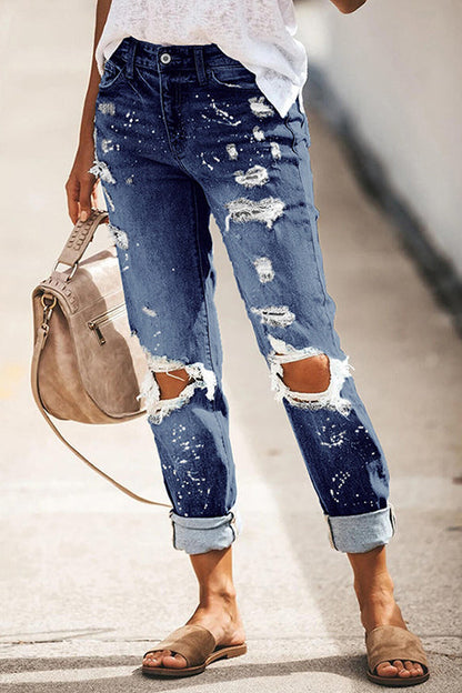 Distressed Rolled Hem Ripped Jeans DarkBlue