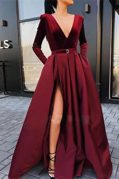 Deep V Neck High Split Velvet Swing Party Dress Burgundy