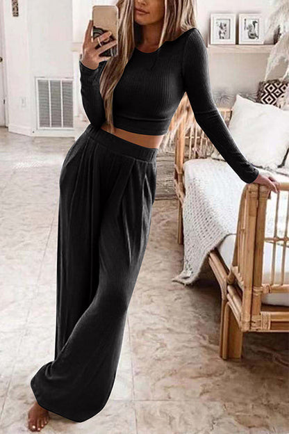 Long Sleeve Crop Top Elastic Waist Wide Leg Pants Set Black