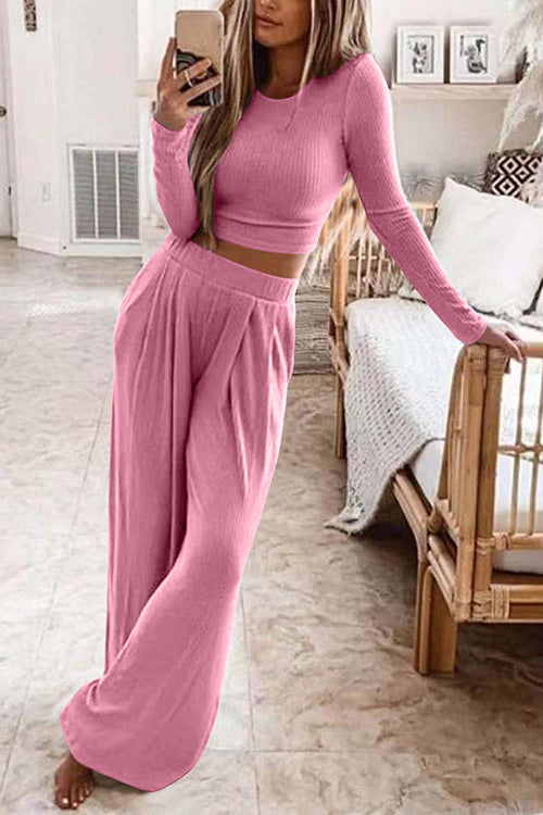 Long Sleeve Crop Top Elastic Waist Wide Leg Pants Set Pink