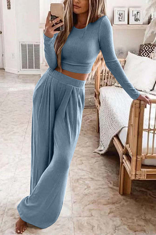 Long Sleeve Crop Top Elastic Waist Wide Leg Pants Set Blue