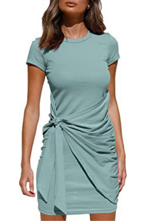 Crewneck Short Sleeve Tie Knot Waist Dress BlueGreen