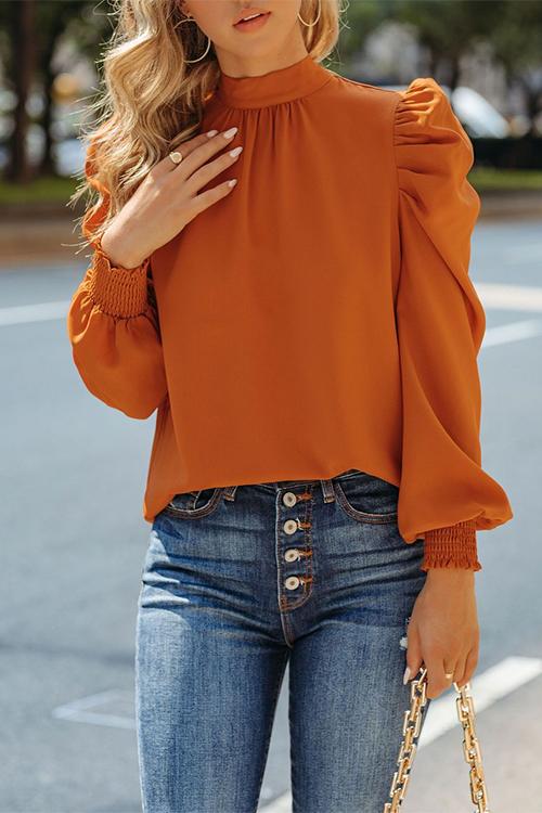 Mockneck Ruffle Puff Sleeve Blouse Top Orange