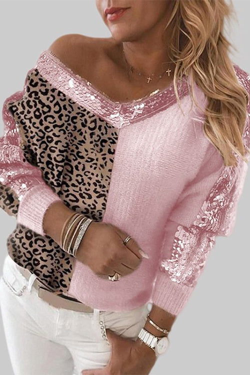 V Neck Leopard Sequin Splice Sweater Pink