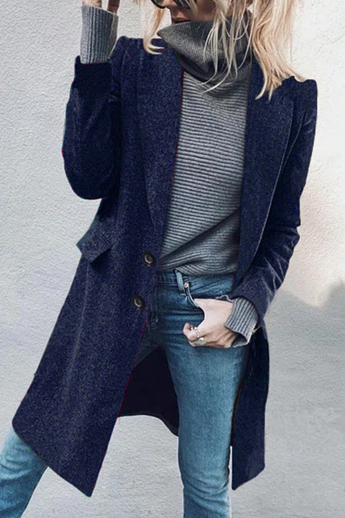 Lapel Button Up Pockets Midi Outwear DarkBlue