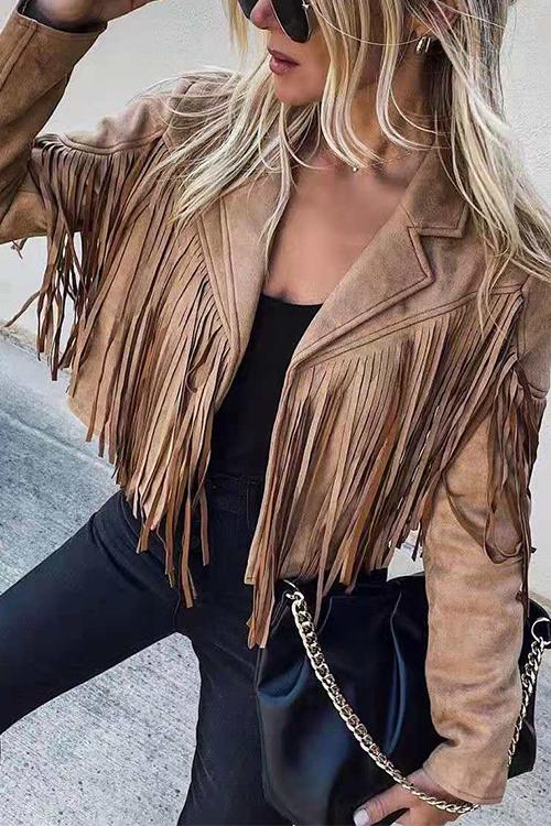 Tassel Long sleeve Open Front Short Coat Brown