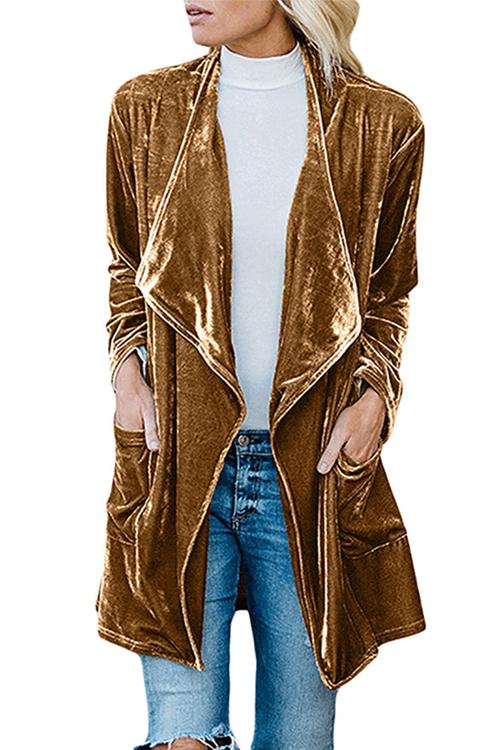 Open Front Long Sleeve Pockets Velvet Coat Yellow