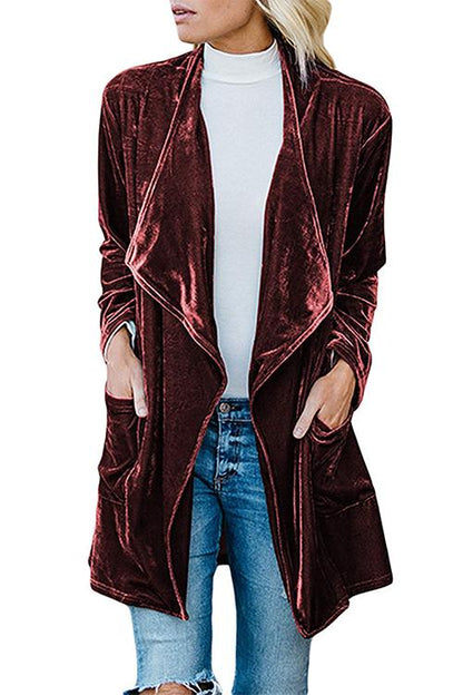 Open Front Long Sleeve Pockets Velvet Coat Burgundy