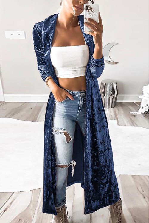 Lapel Open Front Cozy Velvet Cardigan Blue