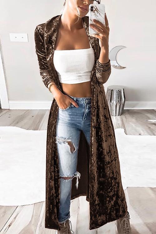 Lapel Open Front Cozy Velvet Cardigan Coffee