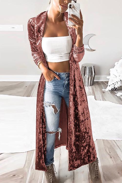 Lapel Open Front Cozy Velvet Cardigan Pink