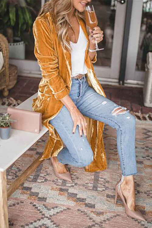 Stylish Lapel Open Front Long Sleeve Velvet Coat