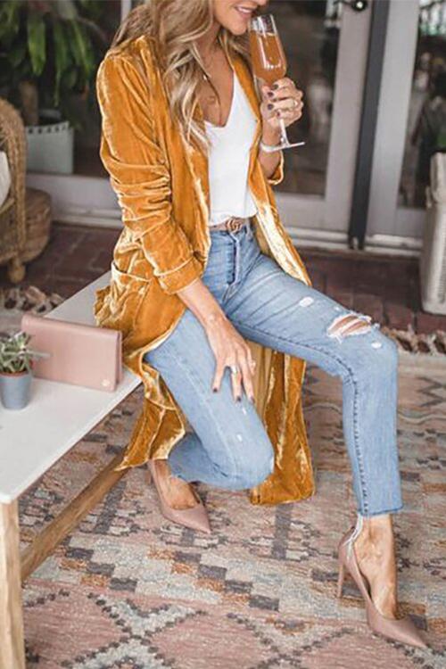 Solid Lapel Open Front Long Velvet Coat