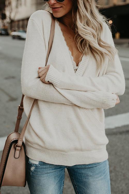 Wrap V Neck Long Sleeve Casual Knitting Sweater