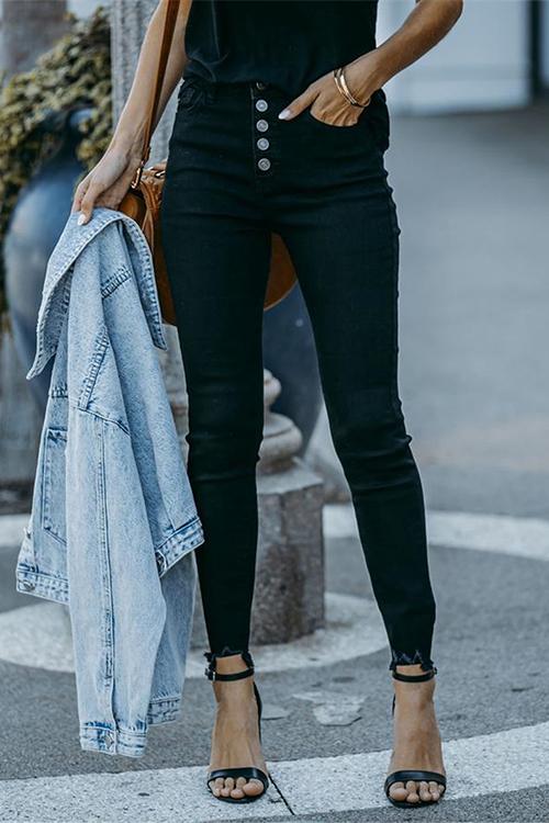 Midi Waist Buttons Leggings Pants with Pockets Black