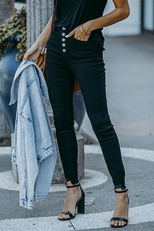 Midi Waist Buttons Leggings Pants with Pockets