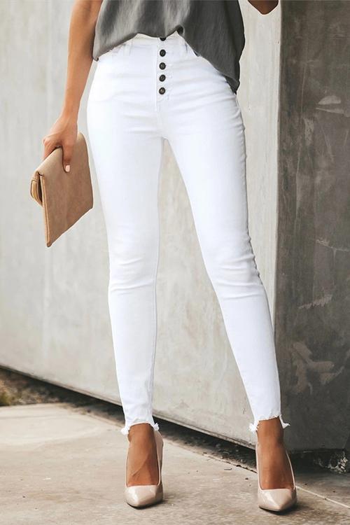Midi Waist Buttons Leggings Pants with Pockets