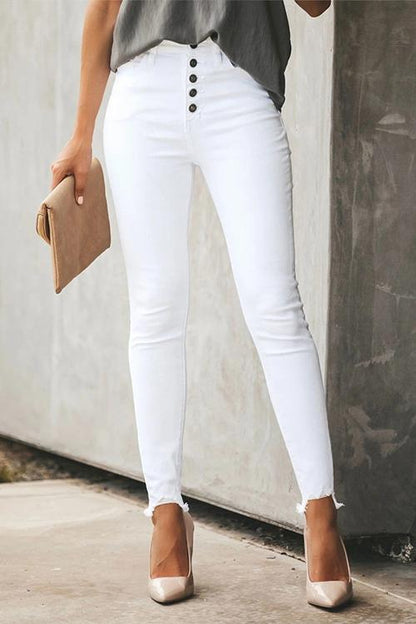 Midi Waist Buttons Leggings Pants with Pockets