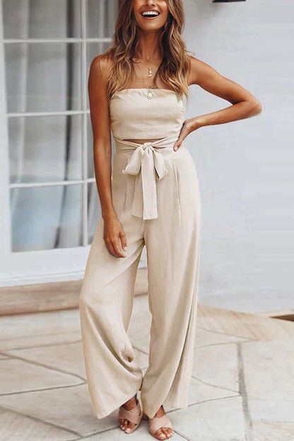 Off Shoulder Bow Tie Waist Wide Leg Jumpsuit Apricot