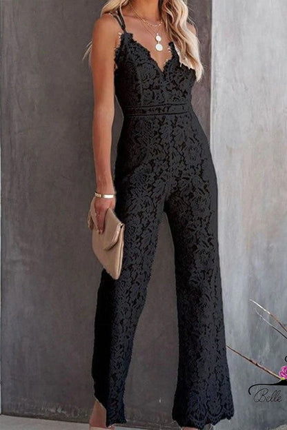 Solid V Neck Waisted Cami Lace Jumpsuit Black