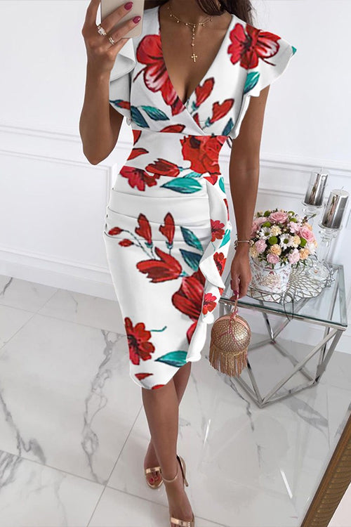 Ruffle V Neck Sleeveless High Waist Printed Dress White