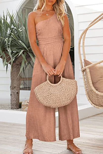 One Shoulder Sleeveless Wide Leg Jumpsuit Pink
