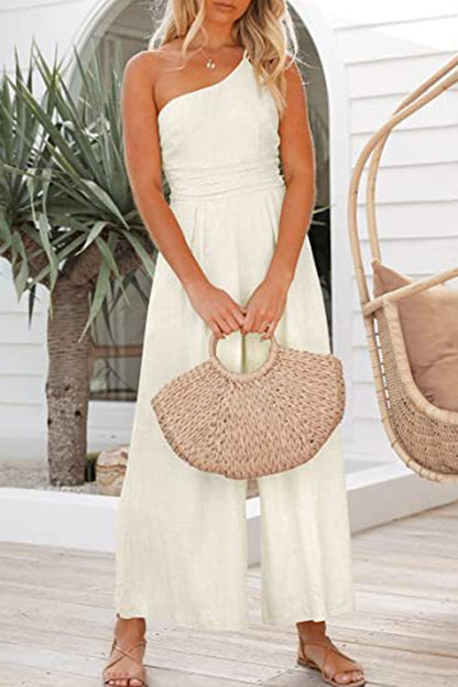 One Shoulder Sleeveless Wide Leg Jumpsuit White