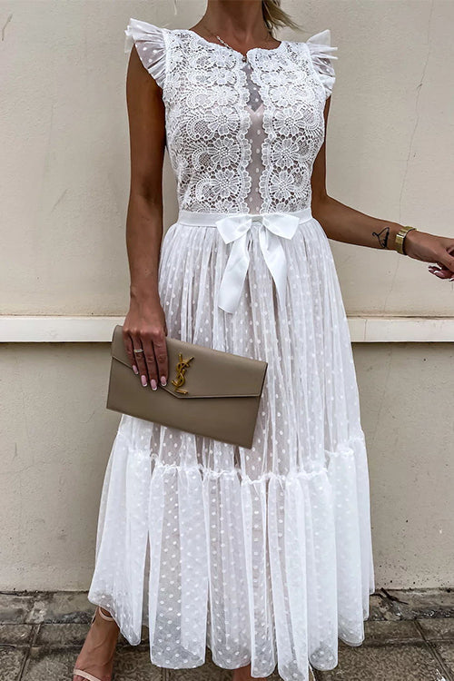 High Waist Sleeveless Lace Swing Dress White