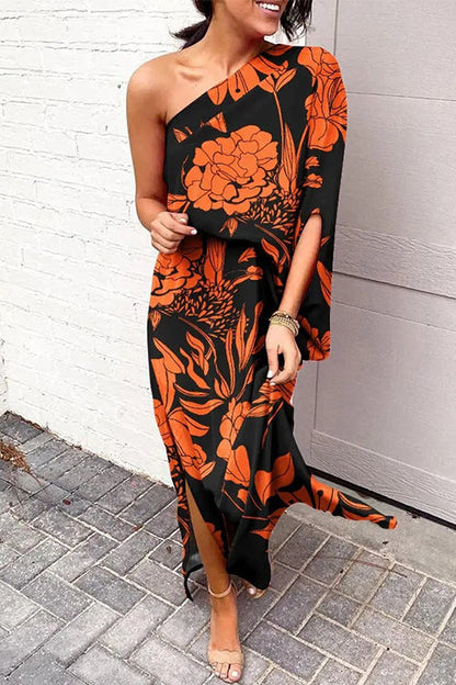 Casual One Shoulder Side Split Printed Dress Black