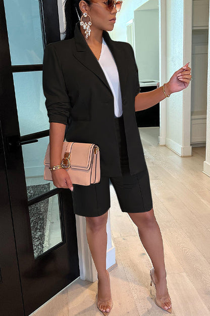 Solid Long Sleeve Blazer and Shorts Office Set Black