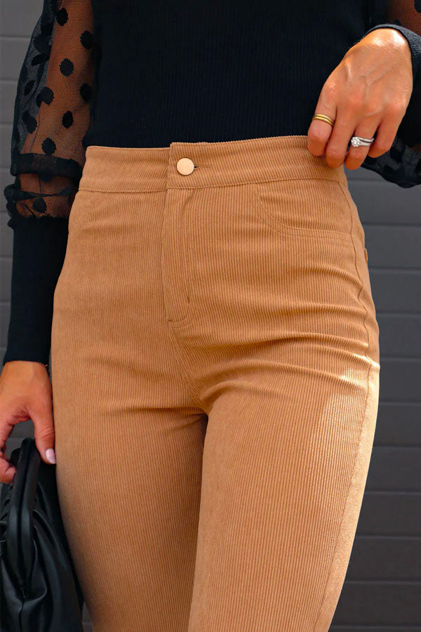 One Button Corduroy Flare Pants with Pockets