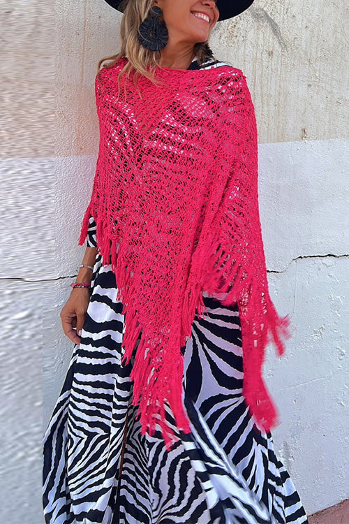Stylish Hollow Out Tassel Poncho Sweater