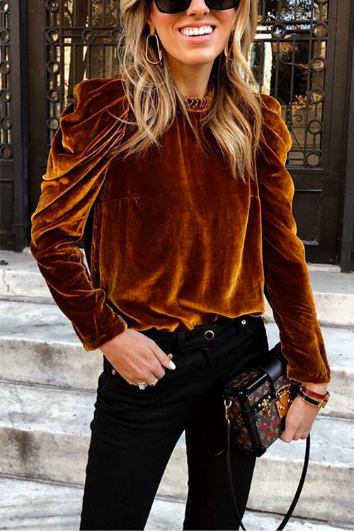 Turtleneck Puff Sleeve Loose Velvet Sweatshirt Brown