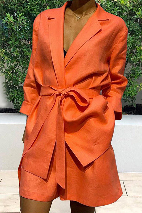 V Neck Long Sleeve Wrapped Top and Wide Leg Shorts Solid Set Orange