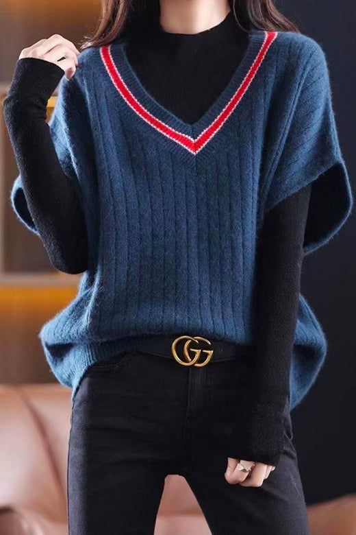 V Neck Short Sleeve Color Block Sweater