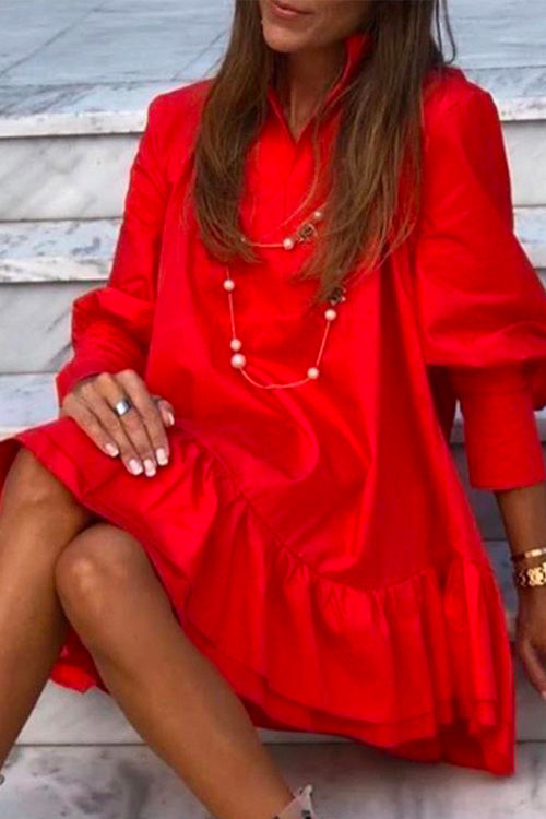 V Neck Lantern Sleeve Ruffle Layered Dress Red