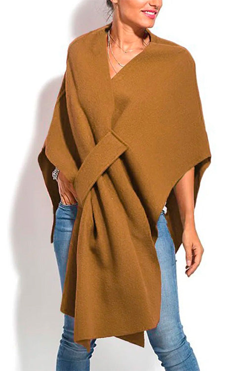 Solid V Neck Wrapped Batwing Cloak Sweater Camel