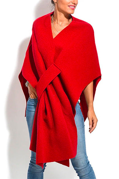 Solid V Neck Wrapped Batwing Cloak Sweater
